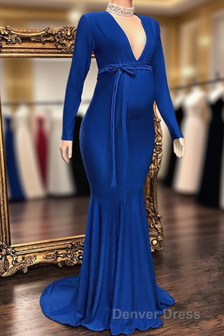 Long Mermaid Deep V Neck Pregnant Prom Dresses with Sleeves