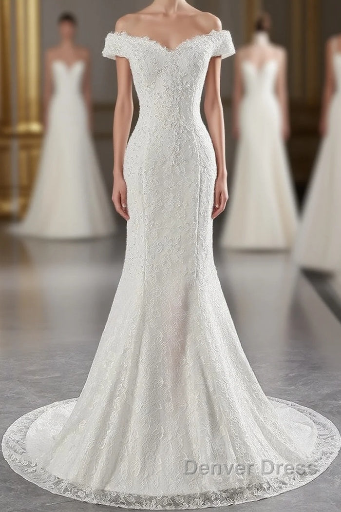 Long Mermaid Lace Off Shoulder Lace-up Wedding Dresses Main image