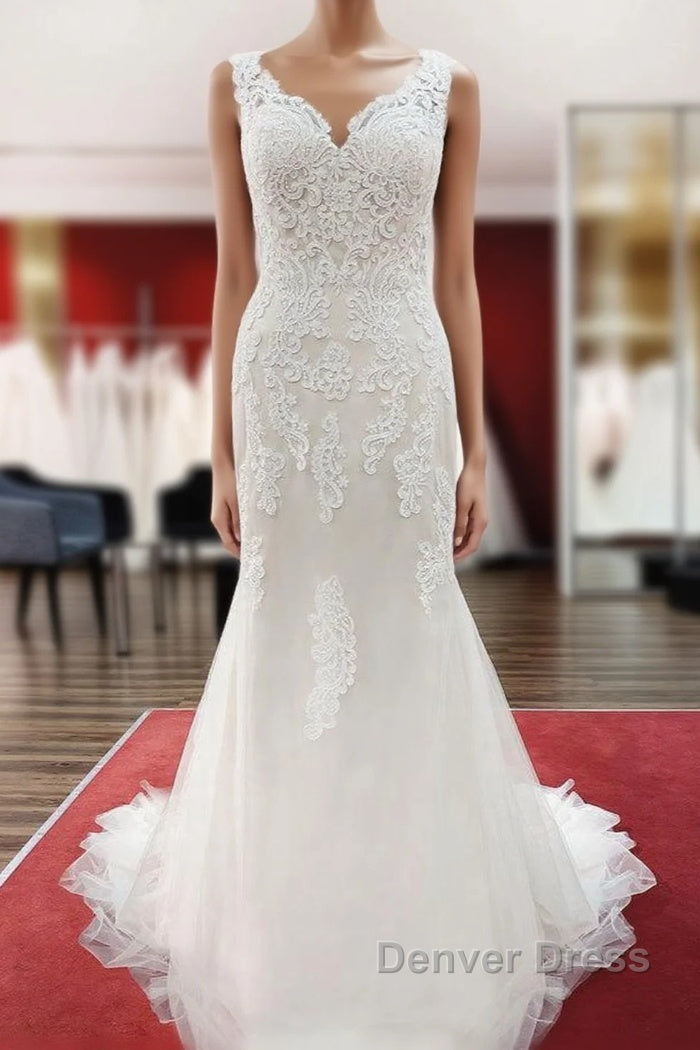 Long Mermaid Lace Sweetheart Open Back Wedding Dresses with Appliques Lace Main image