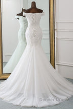 Long Mermaid Off Shoulder Lace-up Applique Lace Wedding Dresses