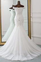 Long Mermaid Off Shoulder Lace up Applique Lace Wedding Dresses