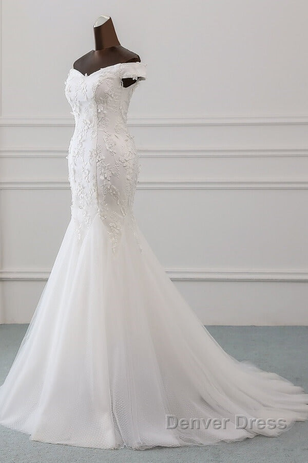 Long Mermaid Off Shoulder Lace-up Applique Lace Wedding Dresses