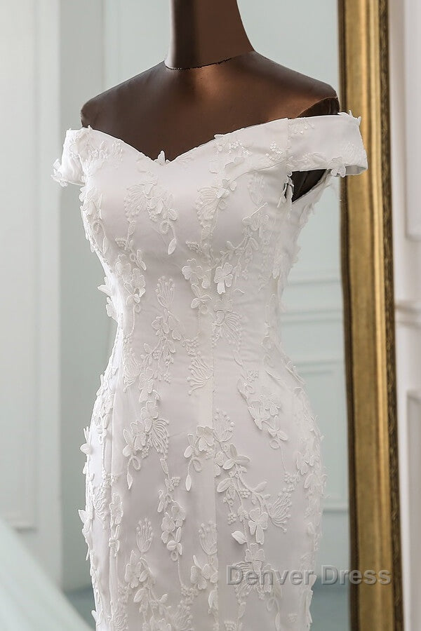 Long Mermaid Off Shoulder Lace up Applique Lace Wedding Dresses