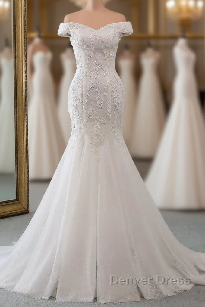 Long Mermaid Off Shoulder Lace up Applique Lace Wedding Dresses Main image