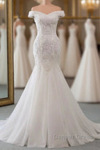 Long Mermaid Off Shoulder Lace up Applique Lace Wedding Dresses