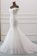 Long Mermaid Off the Shoulder Appliques Lace Tulle Wedding Dresses