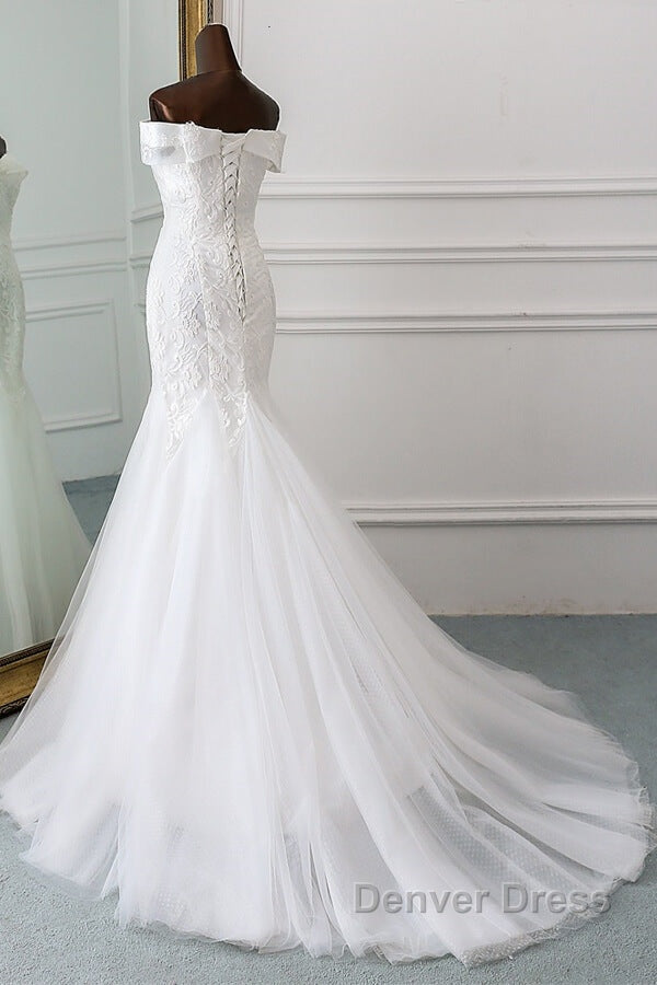 Long Mermaid Off the Shoulder Appliques Lace Tulle Wedding Dresses