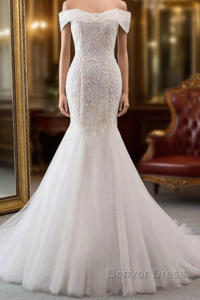 Long Mermaid Off the Shoulder Appliques Lace Tulle Wedding Dresses Main image