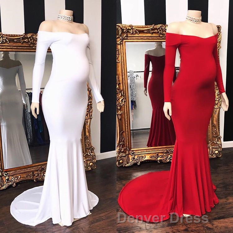 Long Mermaid Off The Shoulder Pregnant Prom Dresses with Sleeves