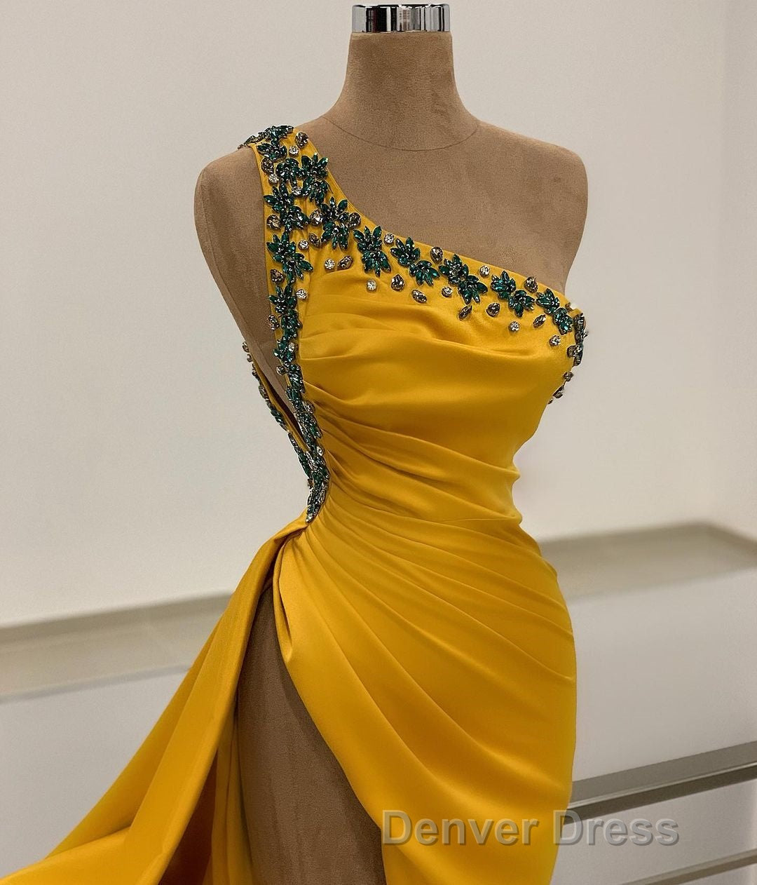 Long Mermaid One Shoulder Beading Backless Prom Dresses with Slit