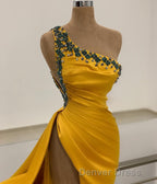 Long Mermaid One Shoulder Beading Backless Prom Dresses with Slit