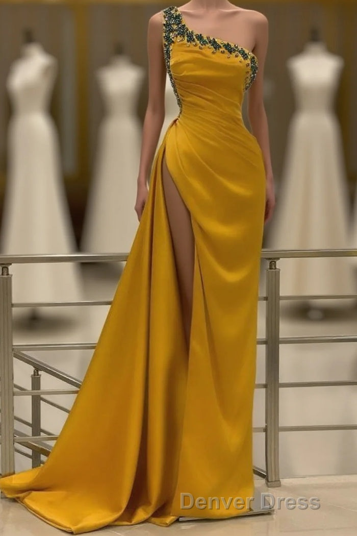 Long Mermaid One Shoulder Beading Backless Prom Dresses with Slit