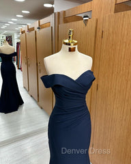 Long Mermaid Prom Dresses Navy Blue Off-the-shoulder Sweetheart Sleeveless