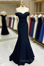 Long Mermaid Prom Dresses Navy Blue Off The Shoulder Sweetheart Sleeveless