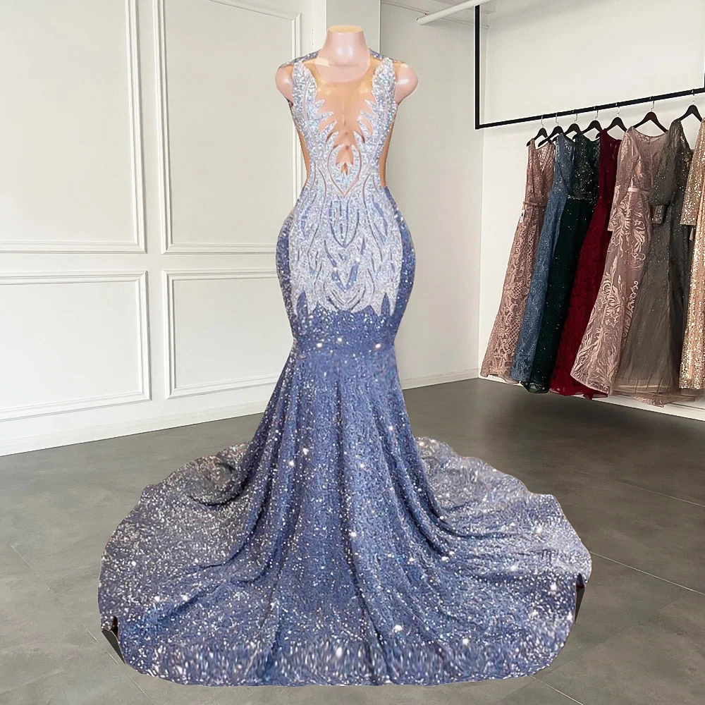 Long Mermaid Prom Dresses Sparkly Diamond Sheer Scoop Neckline Silver Sequined Black Girl Prom Gown Main image