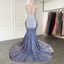 Long Mermaid Prom Dresses Sparkly Diamond Sheer Scoop Neckline Silver Sequined Black Girl Prom Gown
