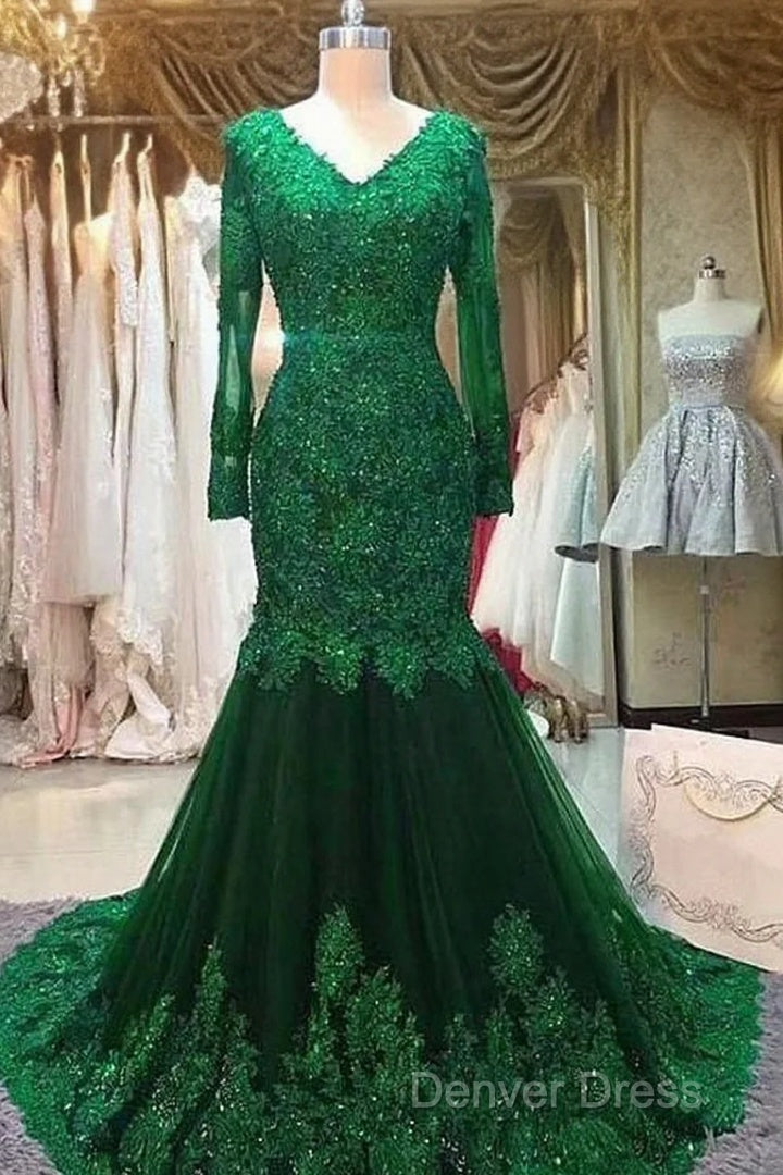 Long Mermaid Sequin Beaded Green Prom Dresses With Sleeves Lace Evening Dresses Main image