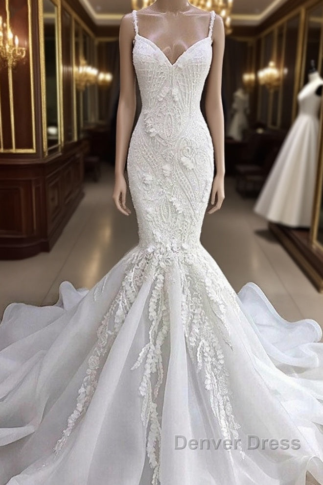 Long Mermaid Spaghetti Strap Appliques Lace Wedding Dresses Main image