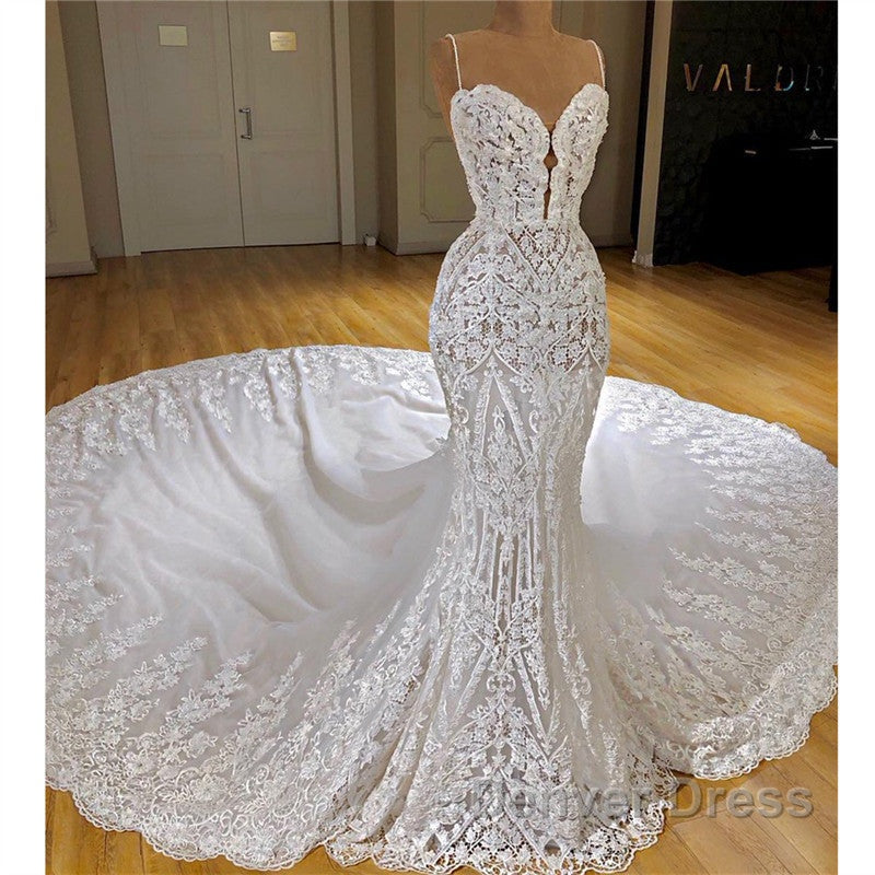 Long Mermaid Spaghetti Straps Appliques Lace Wedding Dresses With Cathedral Train Secondary image