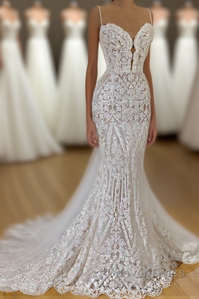 Long Mermaid Spaghetti Straps Appliques Lace Wedding Dresses With Cathedral Train Main image