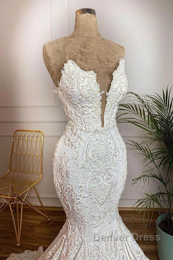 Long Mermaid Strapless Appliques Lace Satin Wedding Dresses Secondary image