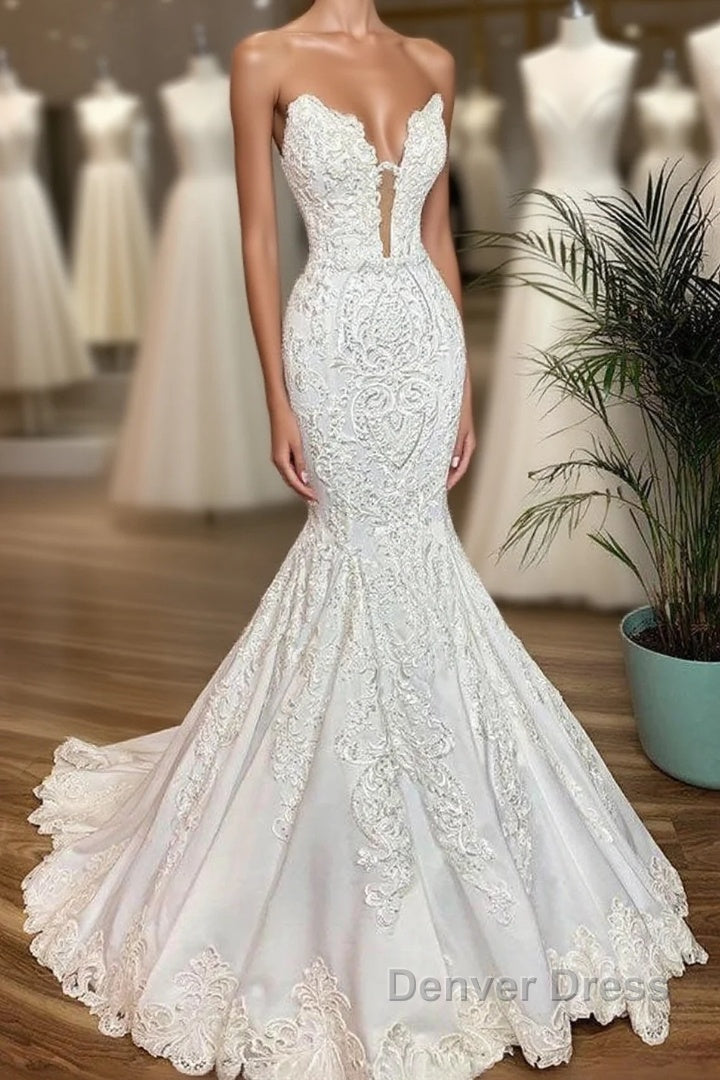 Long Mermaid Strapless Appliques Lace Satin Wedding Dresses Main image