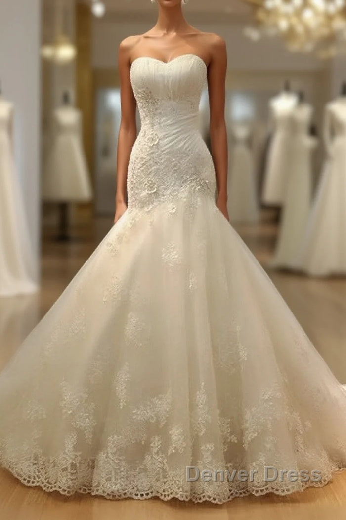 Long Mermaid Strapless Court Train Lace Organza Wedding Dresses Main image