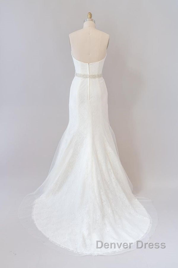 Long Mermaid Strapless Tulle Lace Wedding Dresses