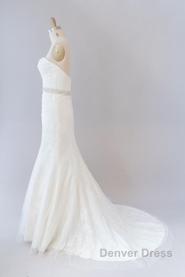 Long Mermaid Strapless Tulle Lace Wedding Dresses