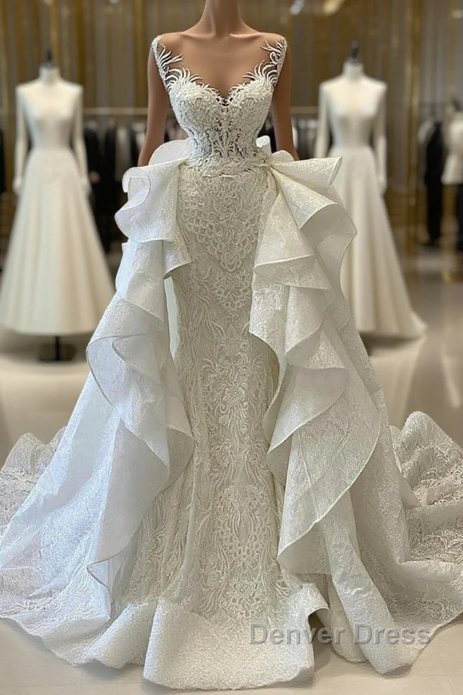 Long Mermaid Sweetheart Appliques Lace Wedding Dresses With Detachable Train Main image