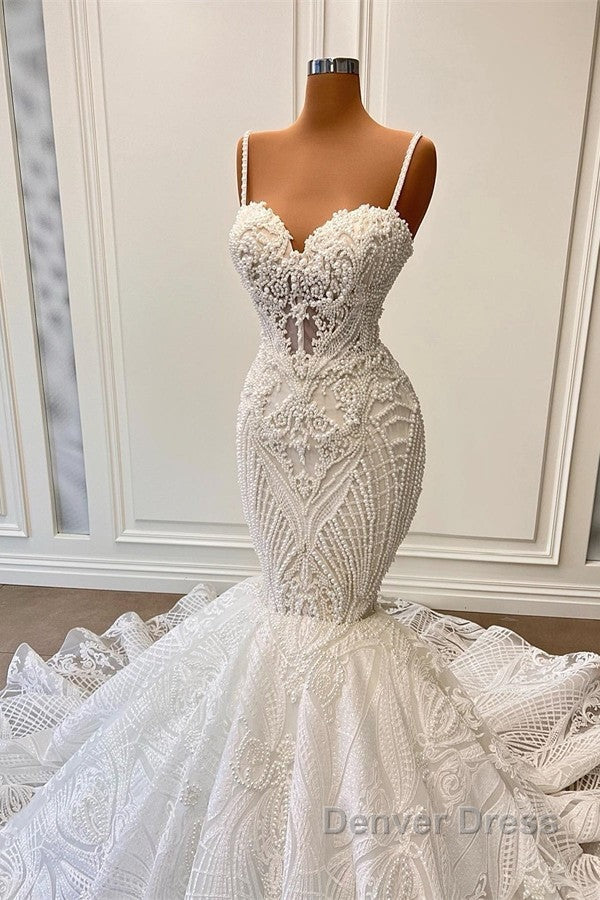 Long Mermaid Sweetheart Spaghetti Straps Tulle Beading Wedding Dresses with Ruffles Secondary image