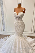 Long Mermaid Sweetheart Spaghetti Straps Tulle Beading Wedding Dresses with Ruffles