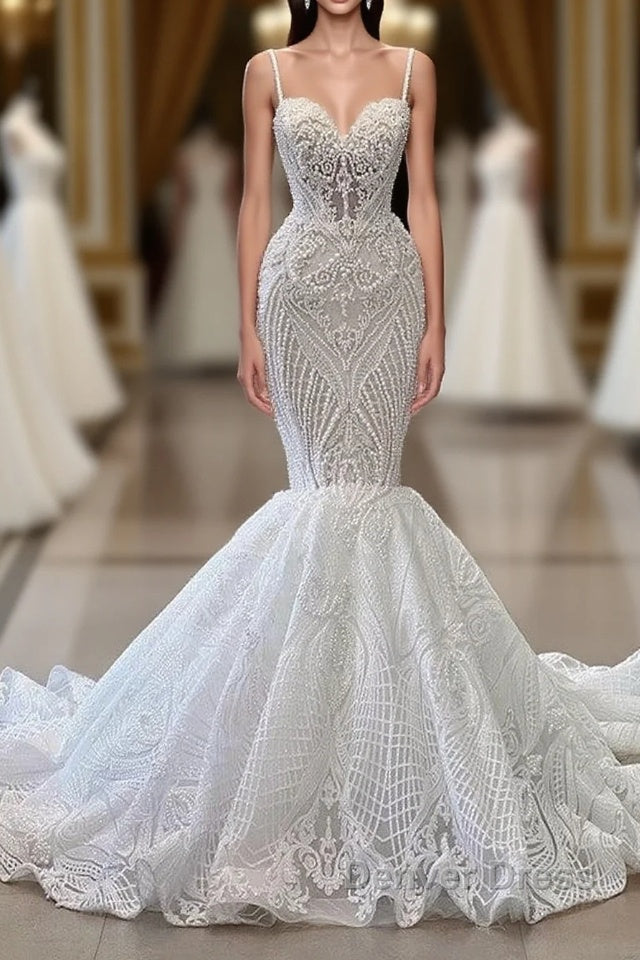Long Mermaid Sweetheart Spaghetti Straps Tulle Beading Wedding Dresses with Ruffles Main image