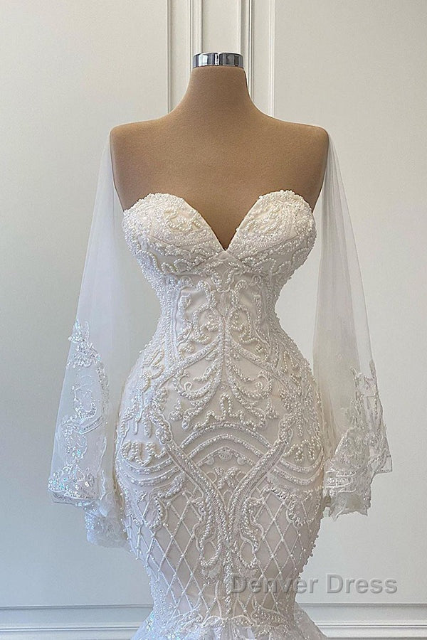 Long Mermaid Sweetheart Strapless Pearls Beadings Lace Wedding Dresses with Sleeves