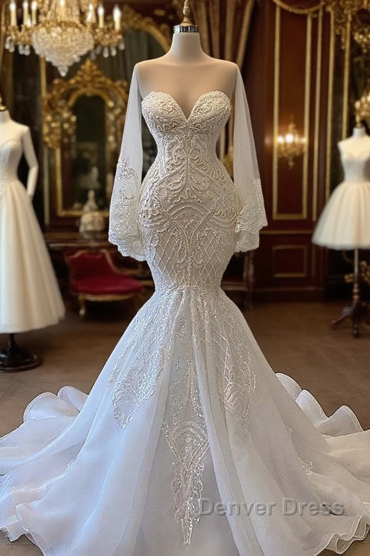 Long Mermaid Sweetheart Strapless Pearls Beadings Lace Wedding Dresses with Sleeves Main image
