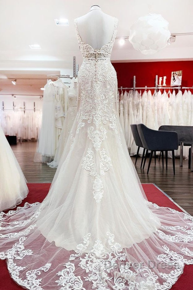 Long Mermaid Tulle Sleeveless Lace Backless Wedding Dresses Secondary image