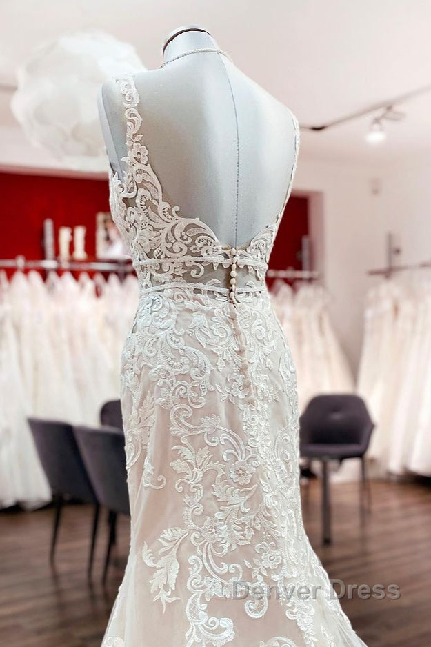 Long Mermaid Tulle Sleeveless Lace Backless Wedding Dresses