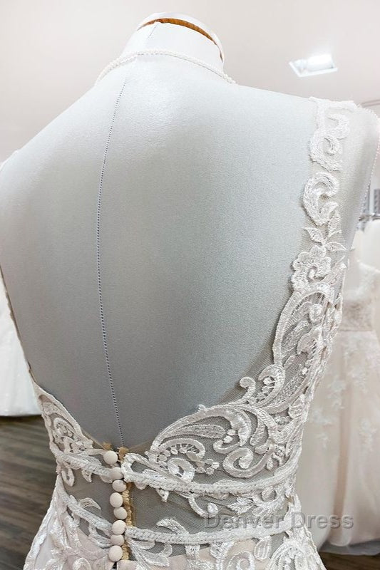 Long Mermaid Tulle Sleeveless Lace Backless Wedding Dresses