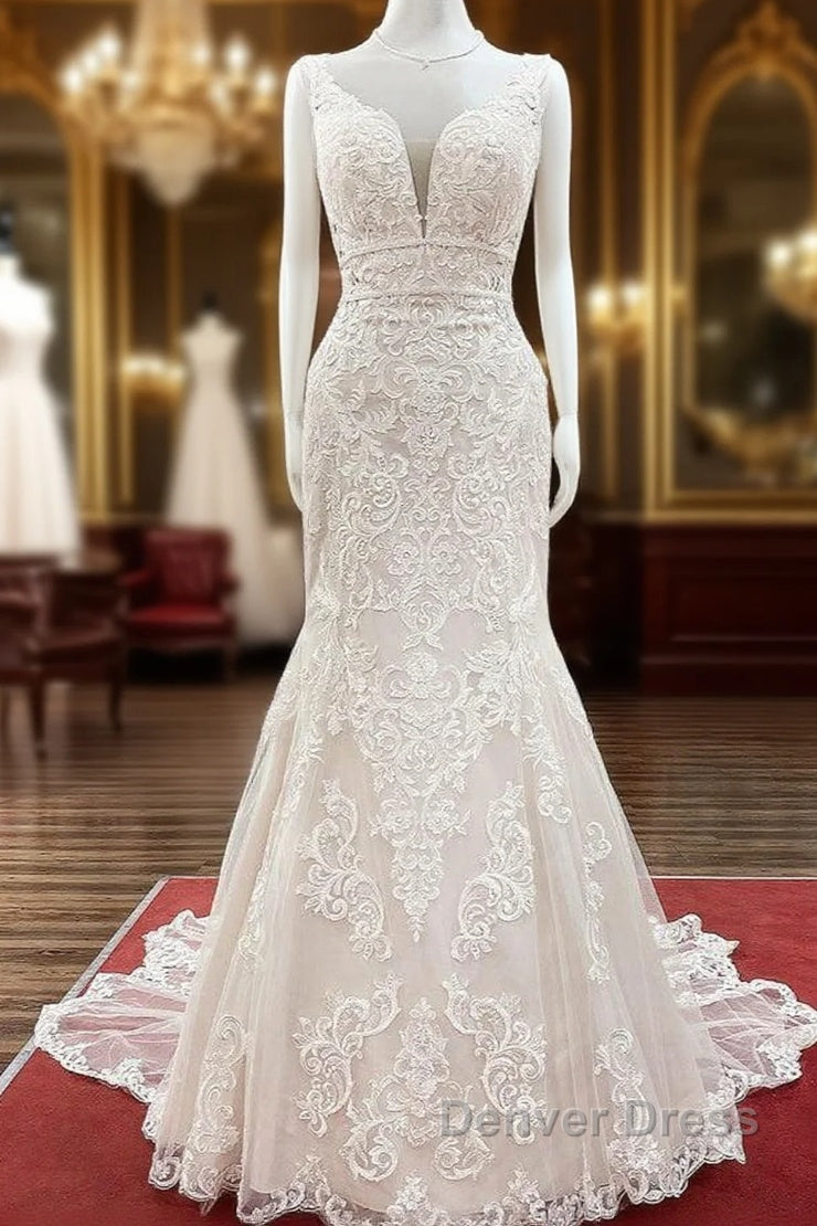 Long Mermaid Tulle Sleeveless Lace Backless Wedding Dresses Main image