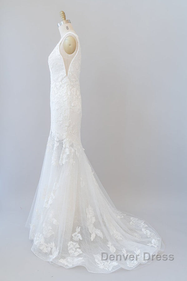 Long Mermaid V Neck Appliques Tulle Lace Wedding Dresses