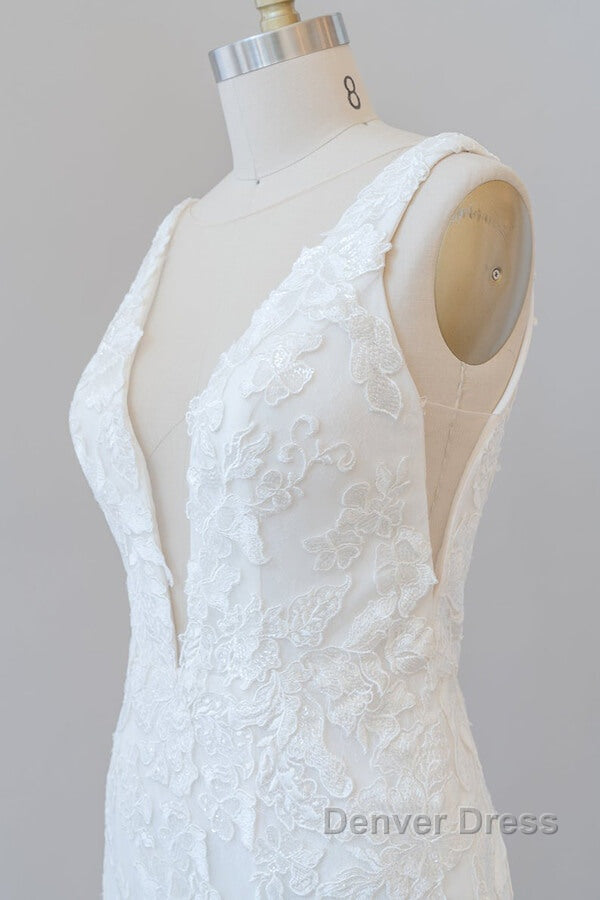 Long Mermaid V-neck Appliques Tulle Lace Wedding Dresses