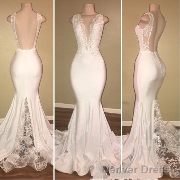 Long Mermaid V-Neck Lace White Prom Dresses Main image