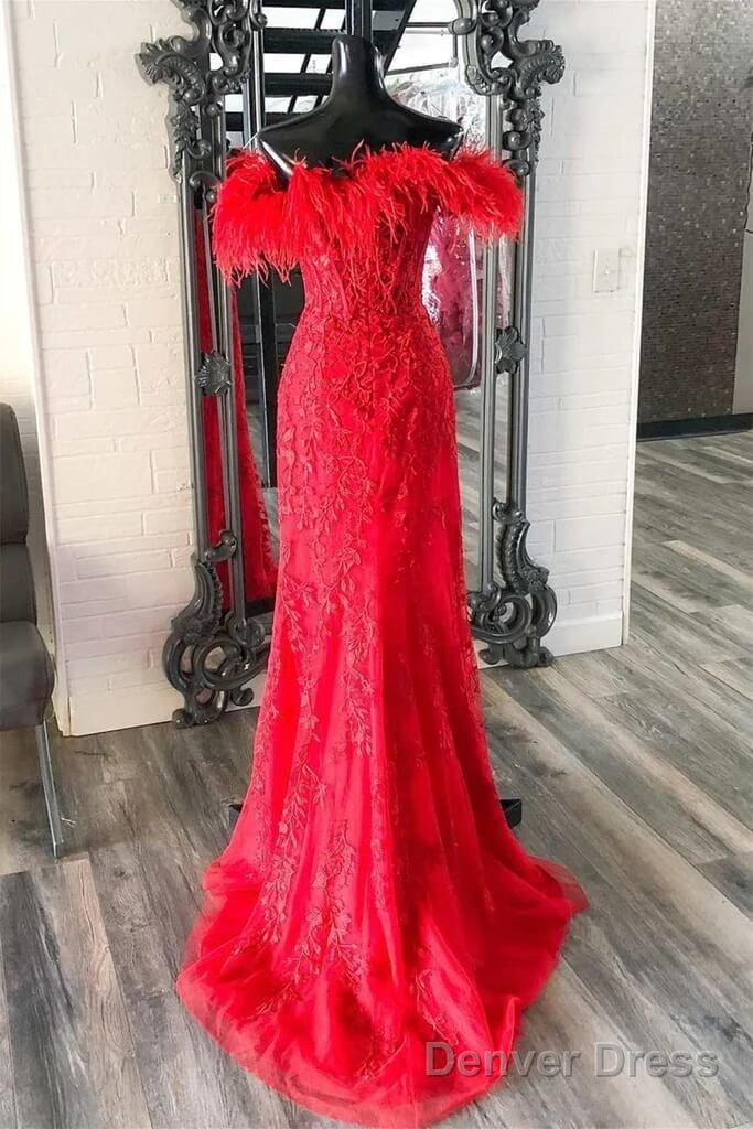 Long Off Shoulder Red Lace Prom Dresses Feathers V Neck Mermaid Evening Dress Secondary image
