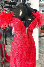 Long Off Shoulder Red Lace Prom Dresses Feathers V Neck Mermaid Evening Dress