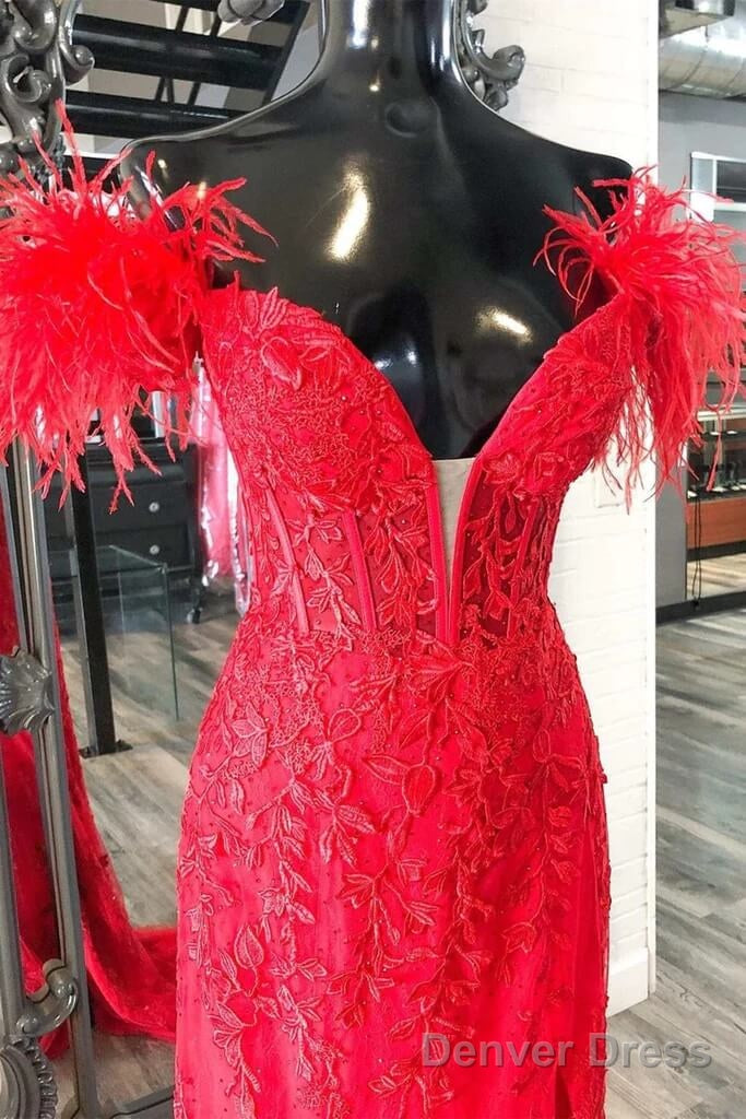 Long Off Shoulder Red Lace Prom Dresses Feathers V Neck Mermaid Evening Dress