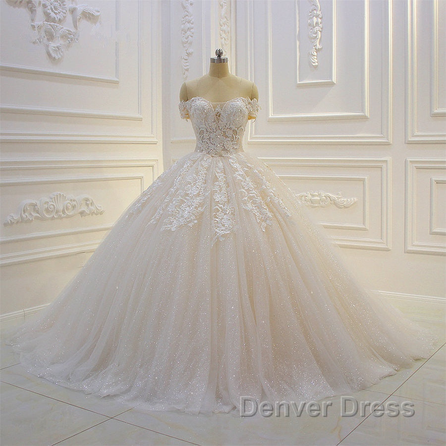 Long Off the Shoulder Sweetheart Ball Gown Sequin Appliques Lace Wedding Dresses Secondary image
