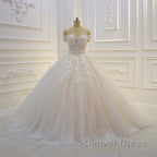 Long Off the Shoulder Sweetheart Ball Gown Sequin Appliques Lace Wedding Dresses