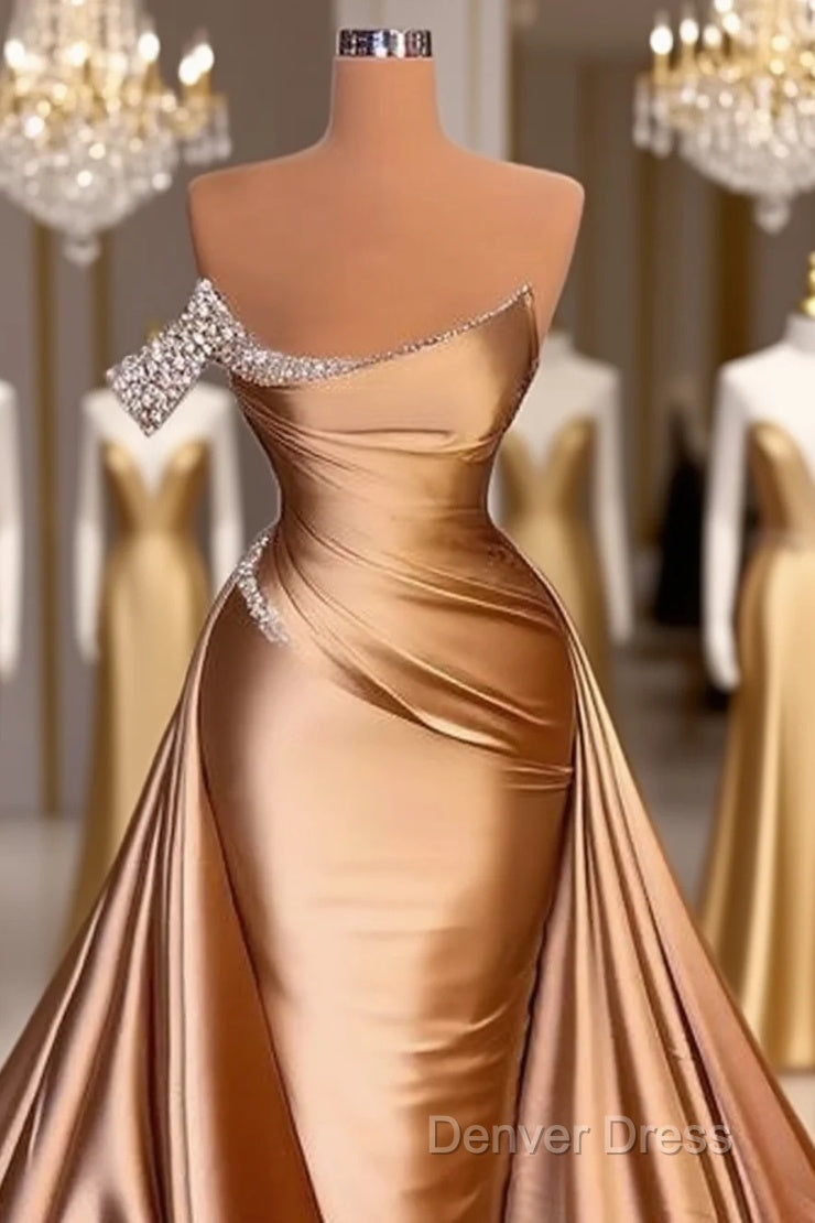 Long One Shoulder Prom Dresses Beaded Mermaid Pageants Gowns With Court Train