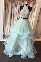 Long Open Back Mint Two Piece High Neck Organza Prom Dress