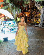 Vintage Pastel Yellow Ruffle Tiered A-Line Long Prom Dress